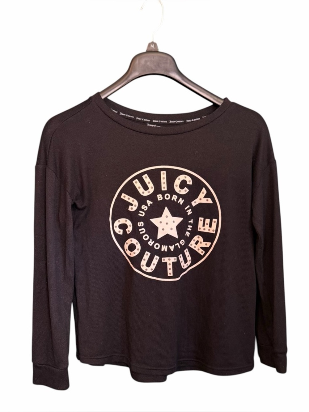 Juicy Couture Small Black Pajama Top Glamorous Spell Out Born USA Long Sleeve